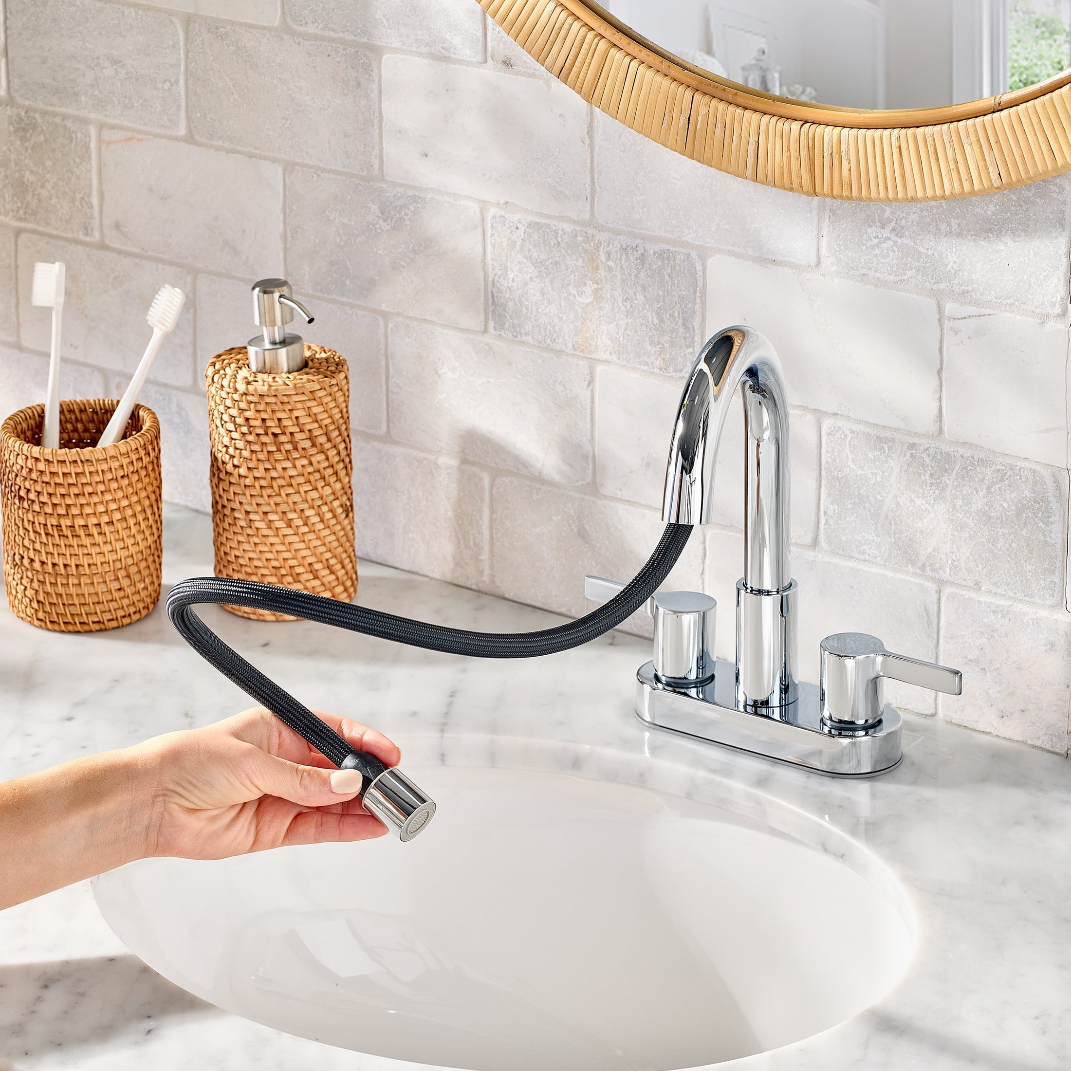  Clean Modern Chrome 4" Centerset Bathroom Faucet with Pull-Down Sprayer