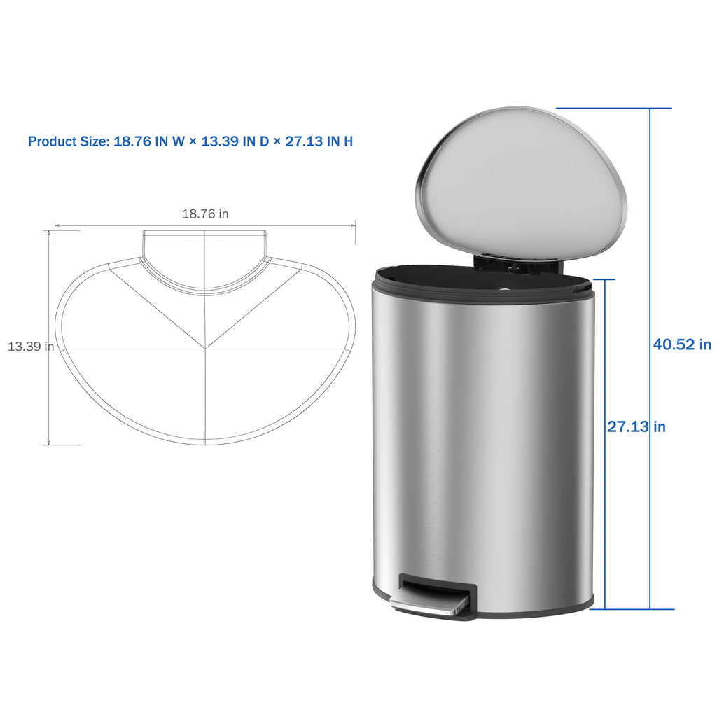  Kitchen Trash Can, 14.5 Gallon Stainless Steel Semi Round Step Garbage Bin with Soft Close Lid, Silver