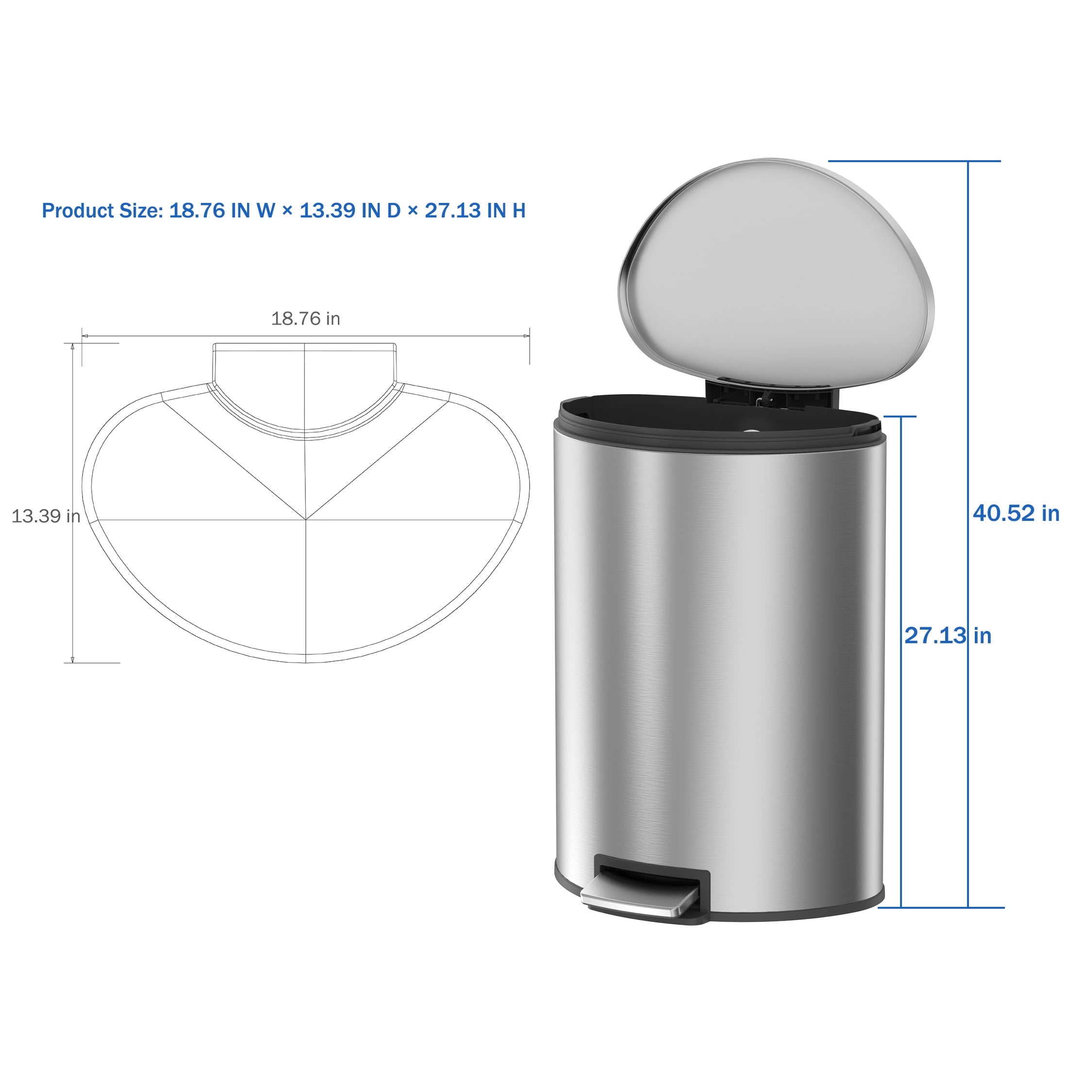  Kitchen Trash Can, 14.5 Gallon Stainless Steel Semi Round Step Garbage Bin with Soft Close Lid, Silver