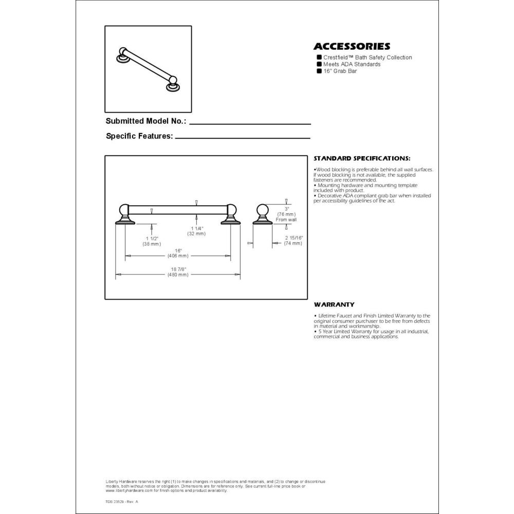  16" ADA Compliant Bathroom Grab Bar, Chrome