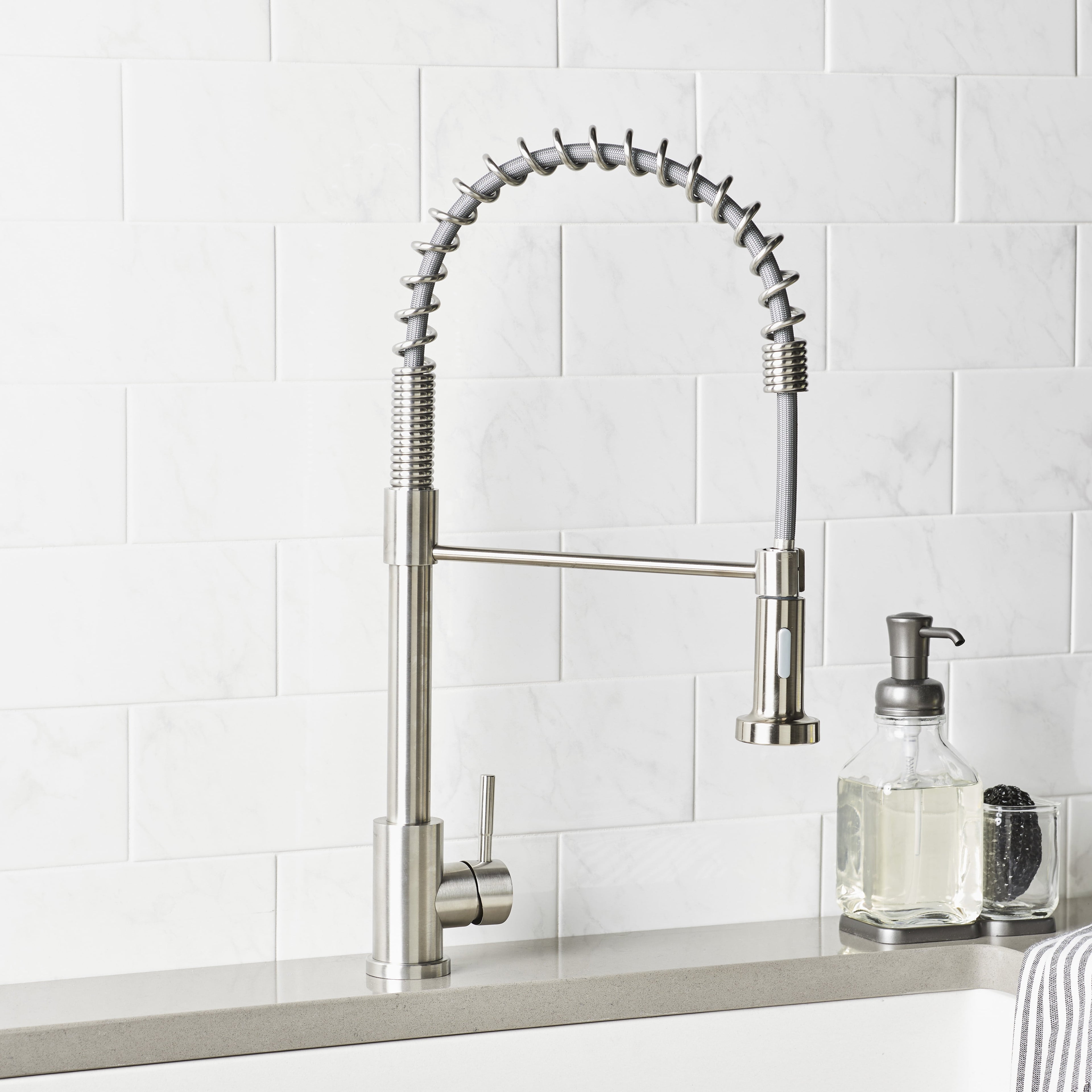  Elmont Single Handle Pull-Down Kitchen Faucet with Spring Neck, Satin Nickel