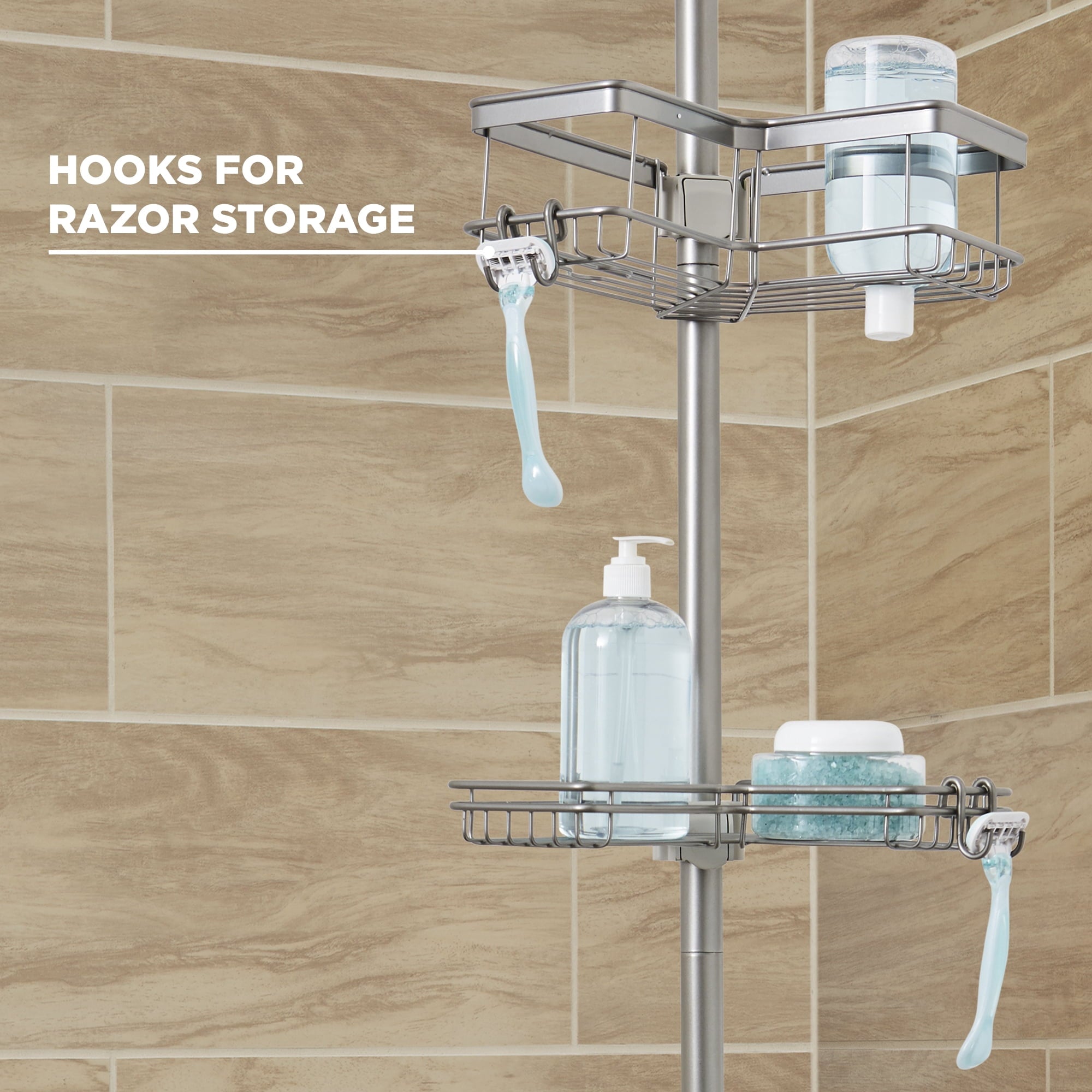  Adjustable Tension Steel Shower Pole Caddy, 4 Shelves, Satin Nickel