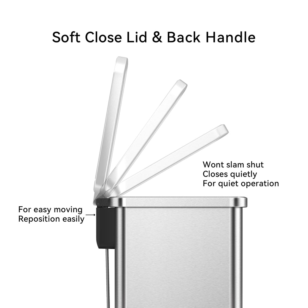  Kitchen Trash Can, 7.9 Gallon Stainless Steel Slim Step Garbage Bin with Soft Close Lid, Silver