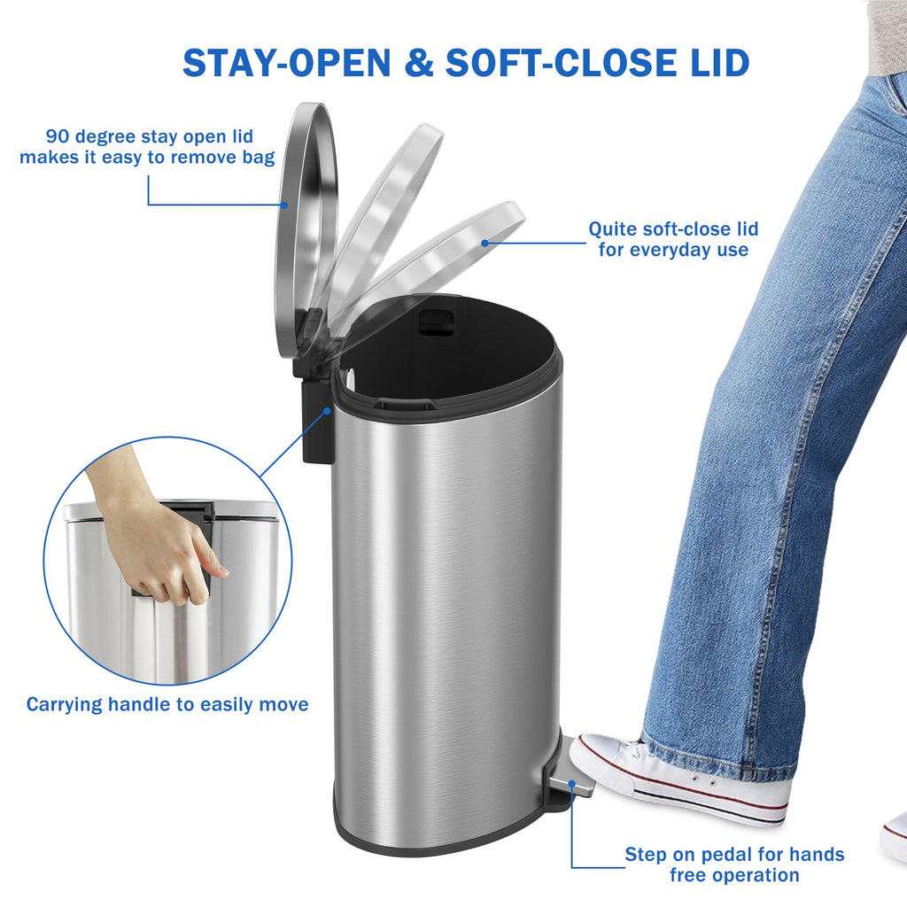  Kitchen Trash Can, 14.5 Gallon Stainless Steel Semi Round Step Garbage Bin with Soft Close Lid, Silver