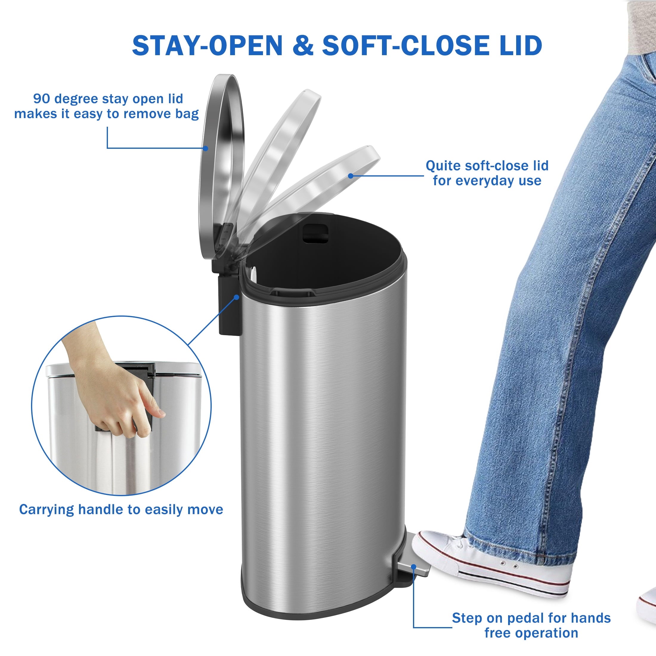  Kitchen Trash Can, 14.5 Gallon Stainless Steel Semi Round Step Garbage Bin with Soft Close Lid, Silver