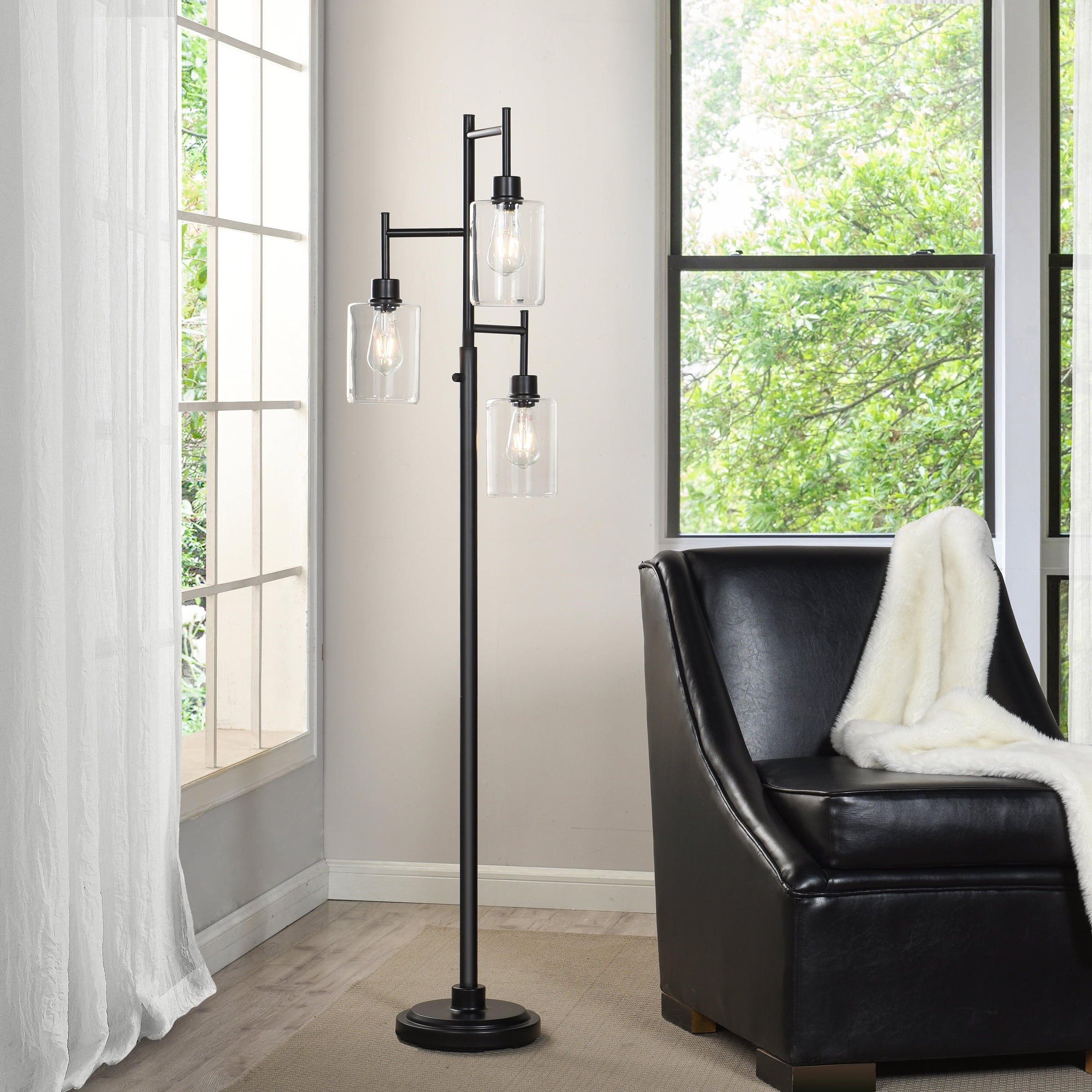  63.5 in 3 Light Contemporary Black Floor Lamp Clear Glass