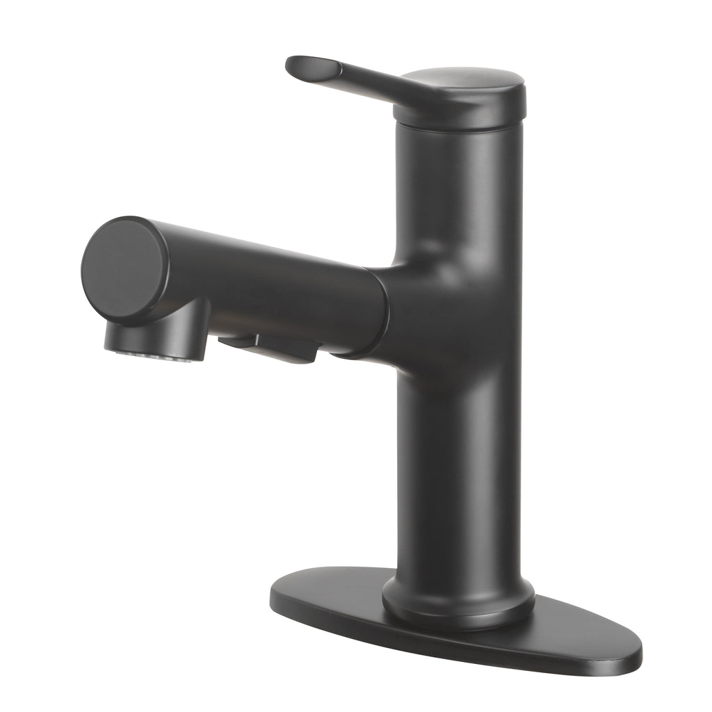  Pull-Out Bathroom Sink Faucet with Pop-up Drain and Optional Deckplate, Matte Black