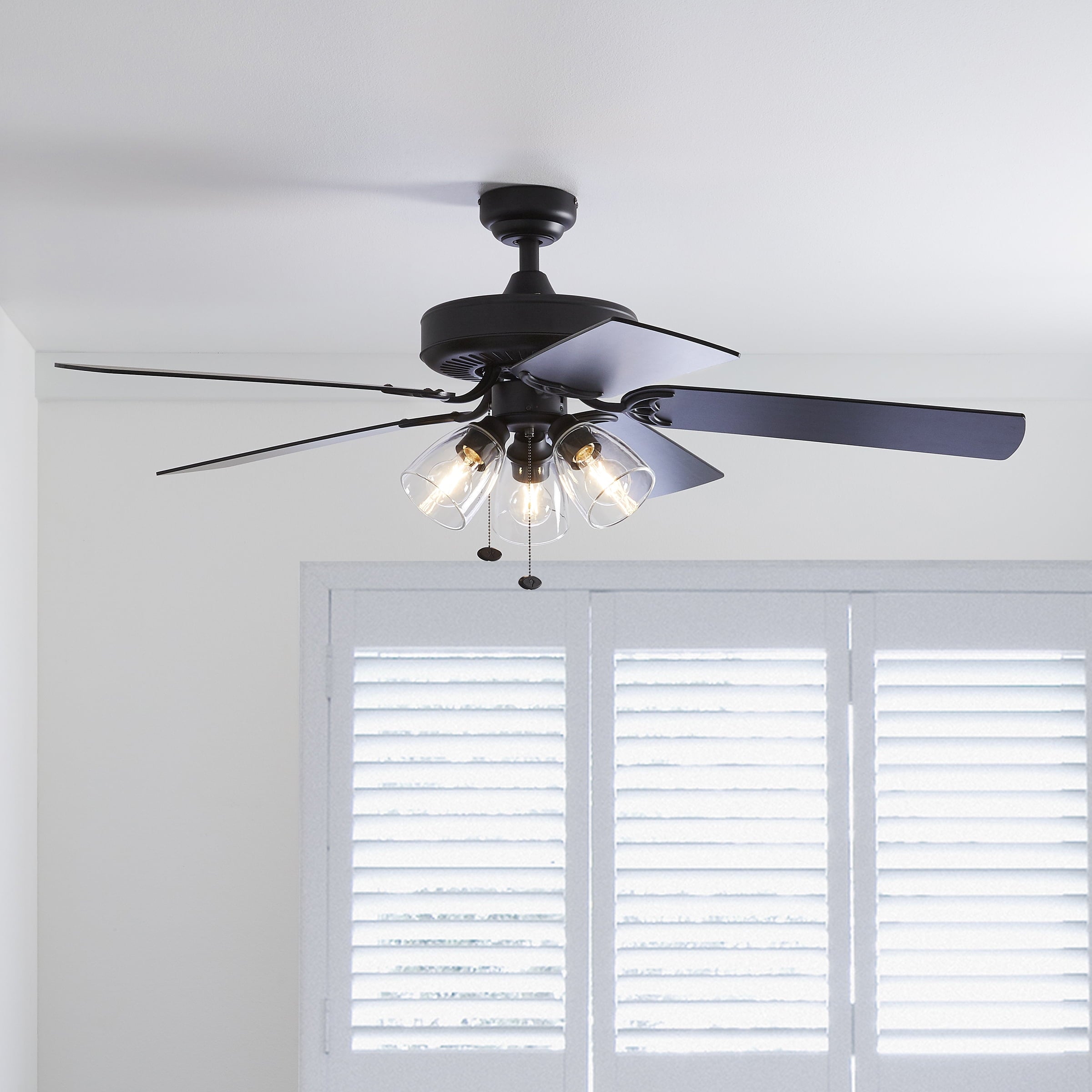  52" Matte Black Indoor Ceiling Fan with Light, 5 Blades, Pull Chains & Reverse Airflow